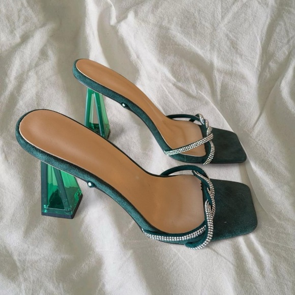 Crystal Embellished Dark Green Heels - Satin Finish Chic Green Crystal-Embellished Heels